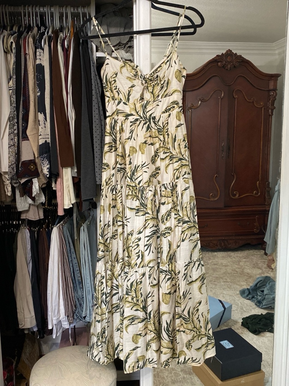 Lightweight Cream & Olive Floral Maxi Dress Spaghetti strap